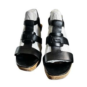 Franco Sarto Black Leather Platform Wedge Cork Heel Sandals. Size 9
